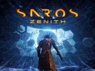 Герой в броня пред светещ портал на логото на Saros: Zenith