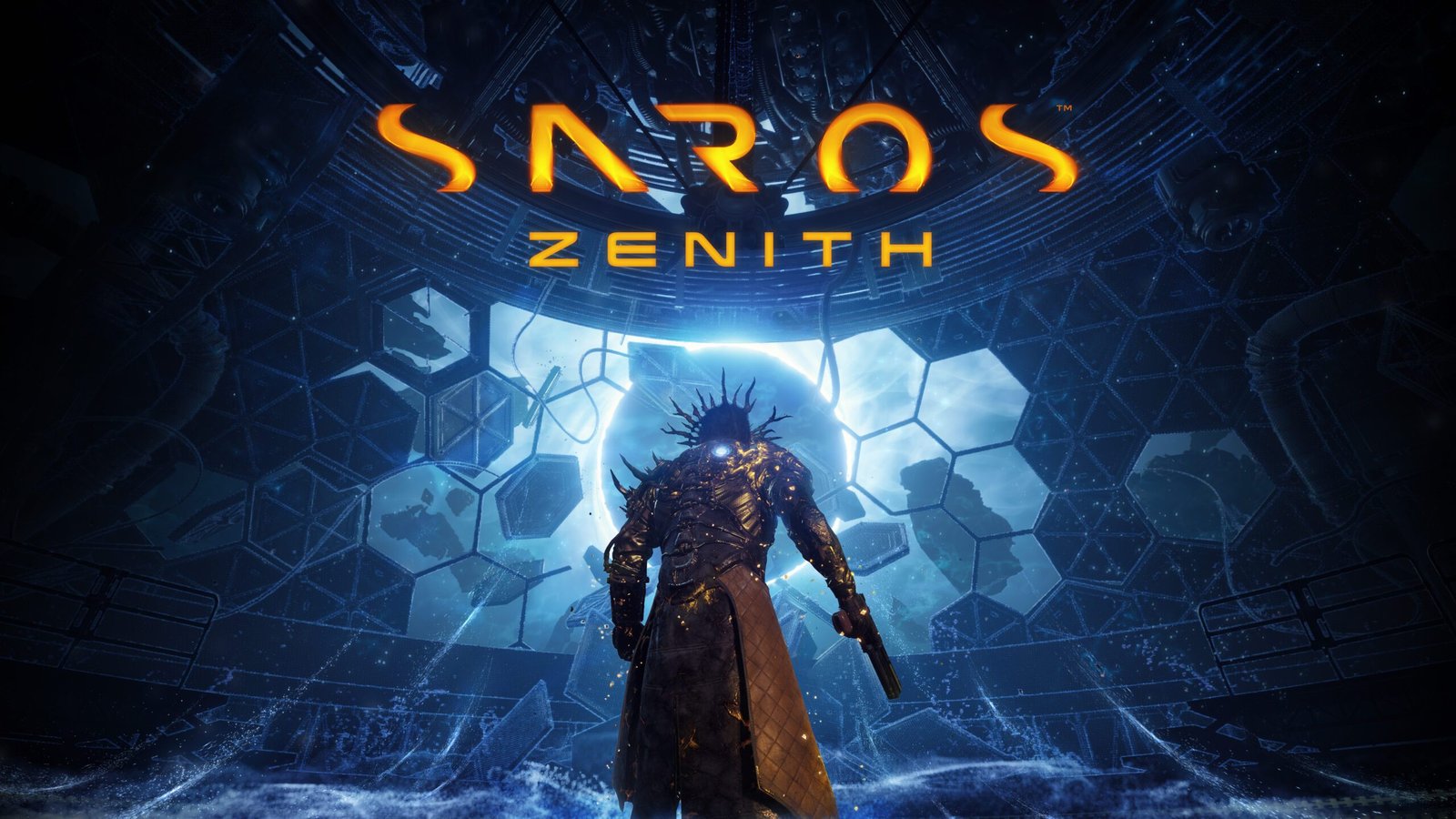 Герой в броня пред светещ портал на логото на Saros: Zenith