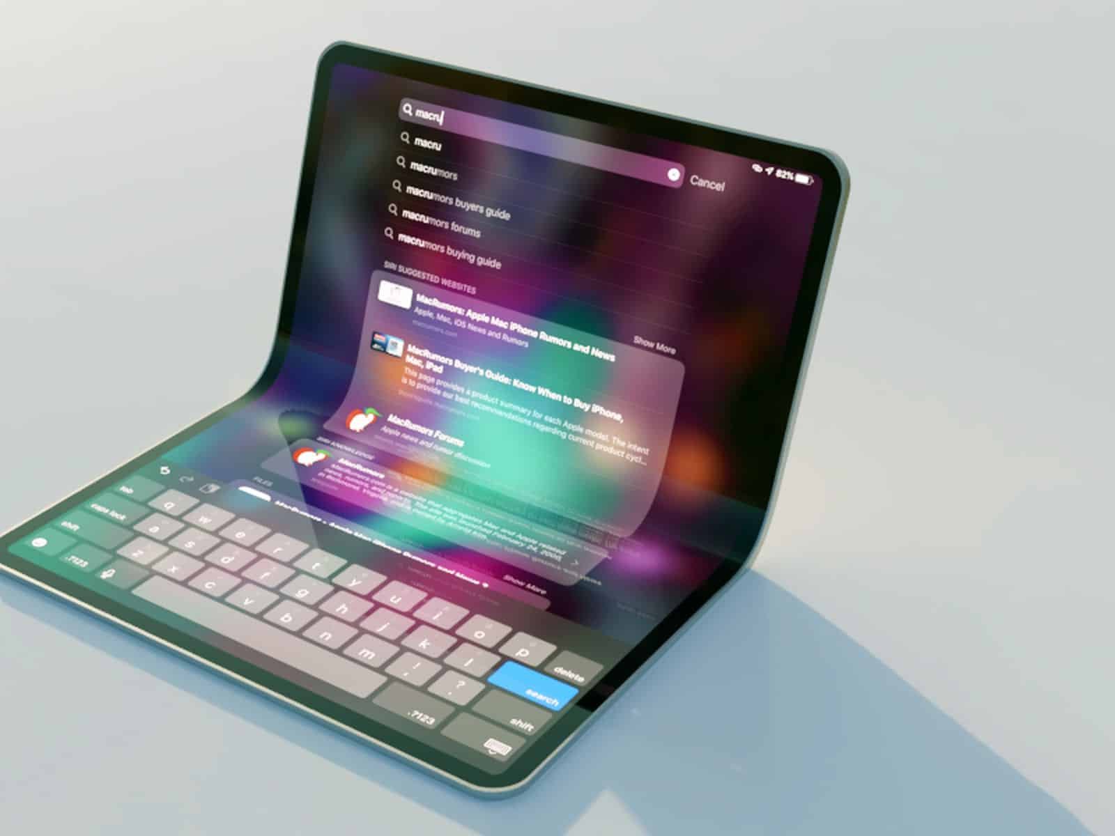 Концептуална илюстрация на сгъваем iPad с голям дисплей и екранна клавиатура