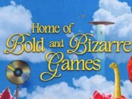 Промо изображение на The Playbill с надпис Home of Bold and Bizarre Games на фона на синьо небе, лалета, летяща чиния и диск