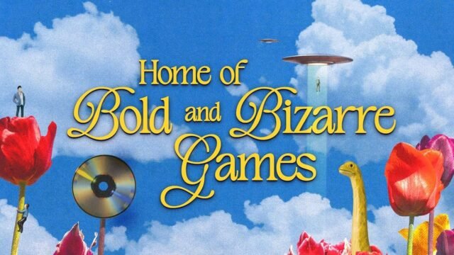 Промо изображение на The Playbill с надпис Home of Bold and Bizarre Games на фона на синьо небе, лалета, летяща чиния и диск