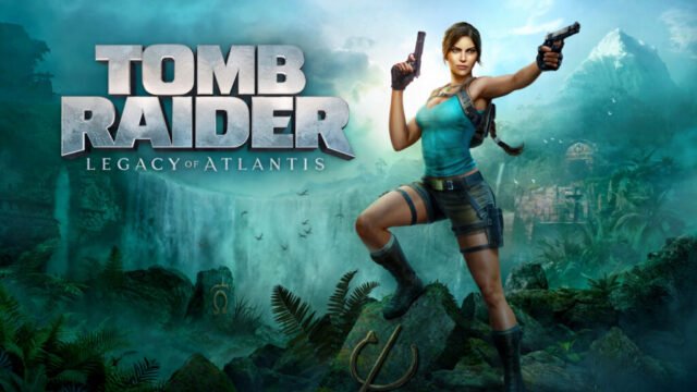Лара Крофт с два пистолета на фона на водопад в официалния арт на Tomb Raider: Legacy of Atlantis