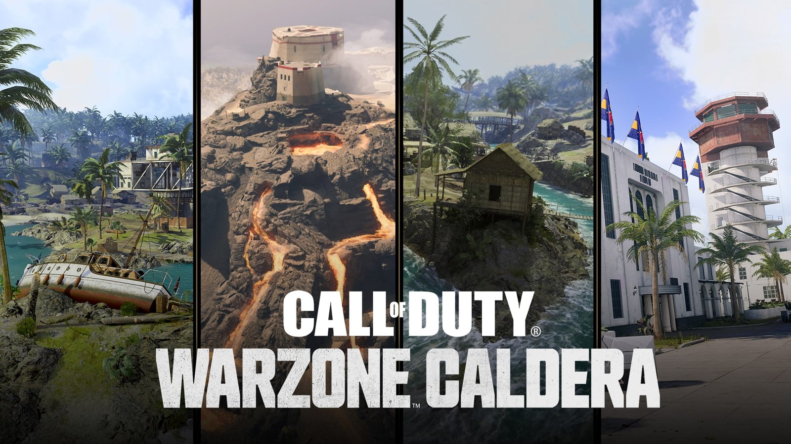 Четири кадъра от картата Warzone Caldera с логото на играта