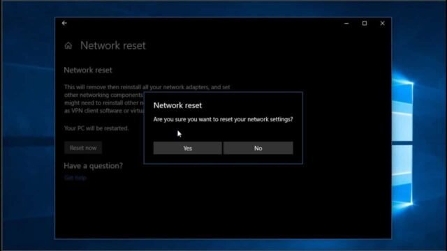 Екран за нулиране на мрежата в настройките на Windows 10