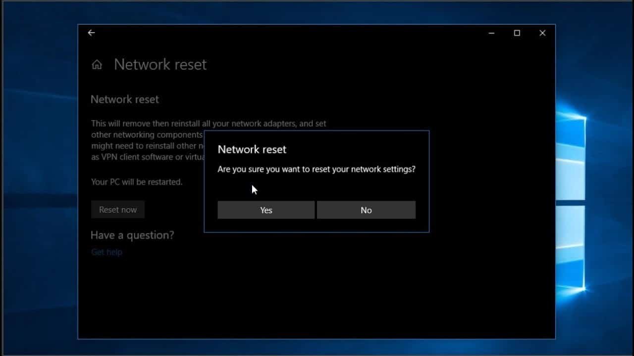 Екран за нулиране на мрежата в настройките на Windows 10