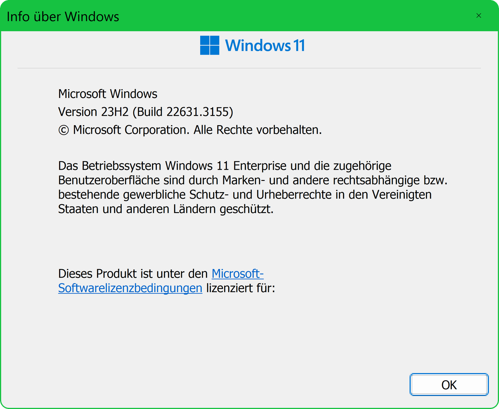 Прозорец с информация за версията Windows 11 23H2 – край на поддръжката за Enterprise и Education