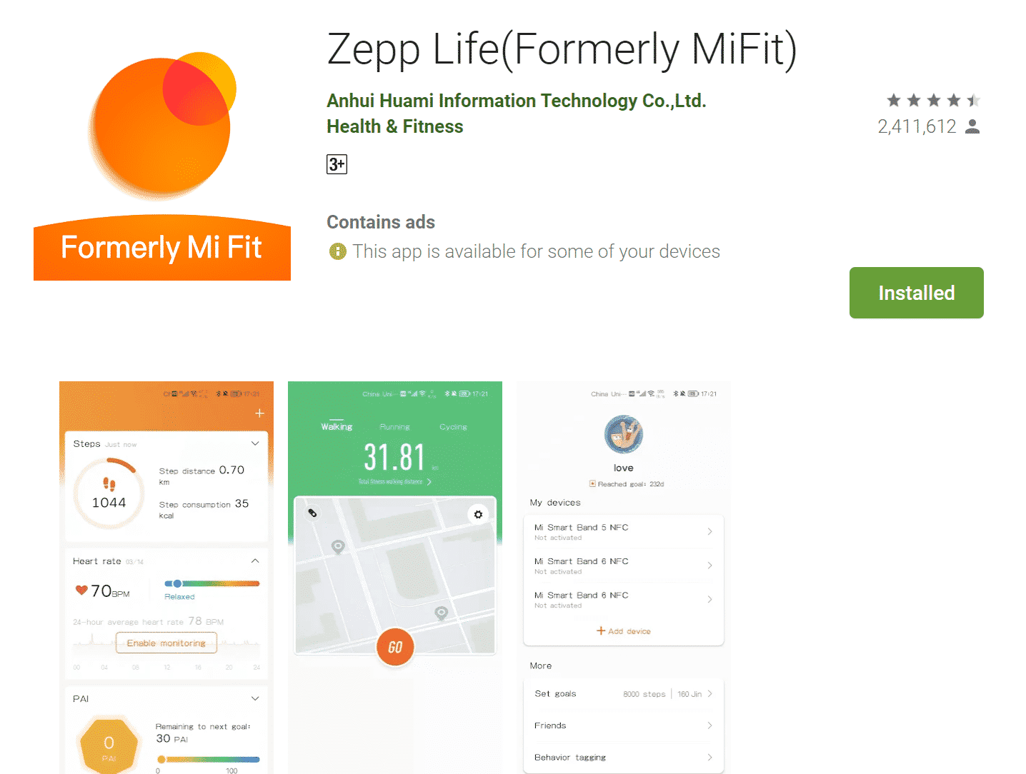 Страница на Zepp Life (преди Mi Fit) в Google Play