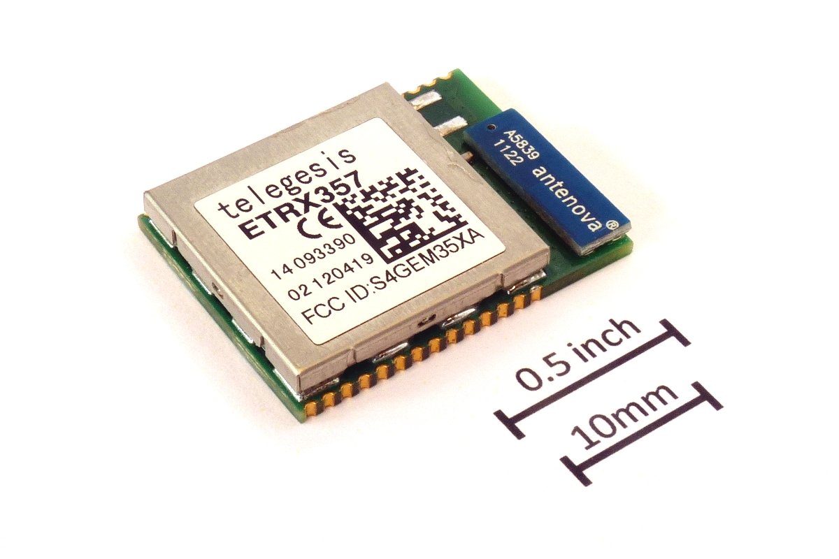 Малък Zigbee радиомодул Telegesis ETRX357 с антена Antenova до скала в милиметри и инчове